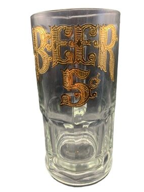Vintage Super Sized Beer 5 Cent Mug Raised Gold Lettering Heavy 32oz Glass Mug